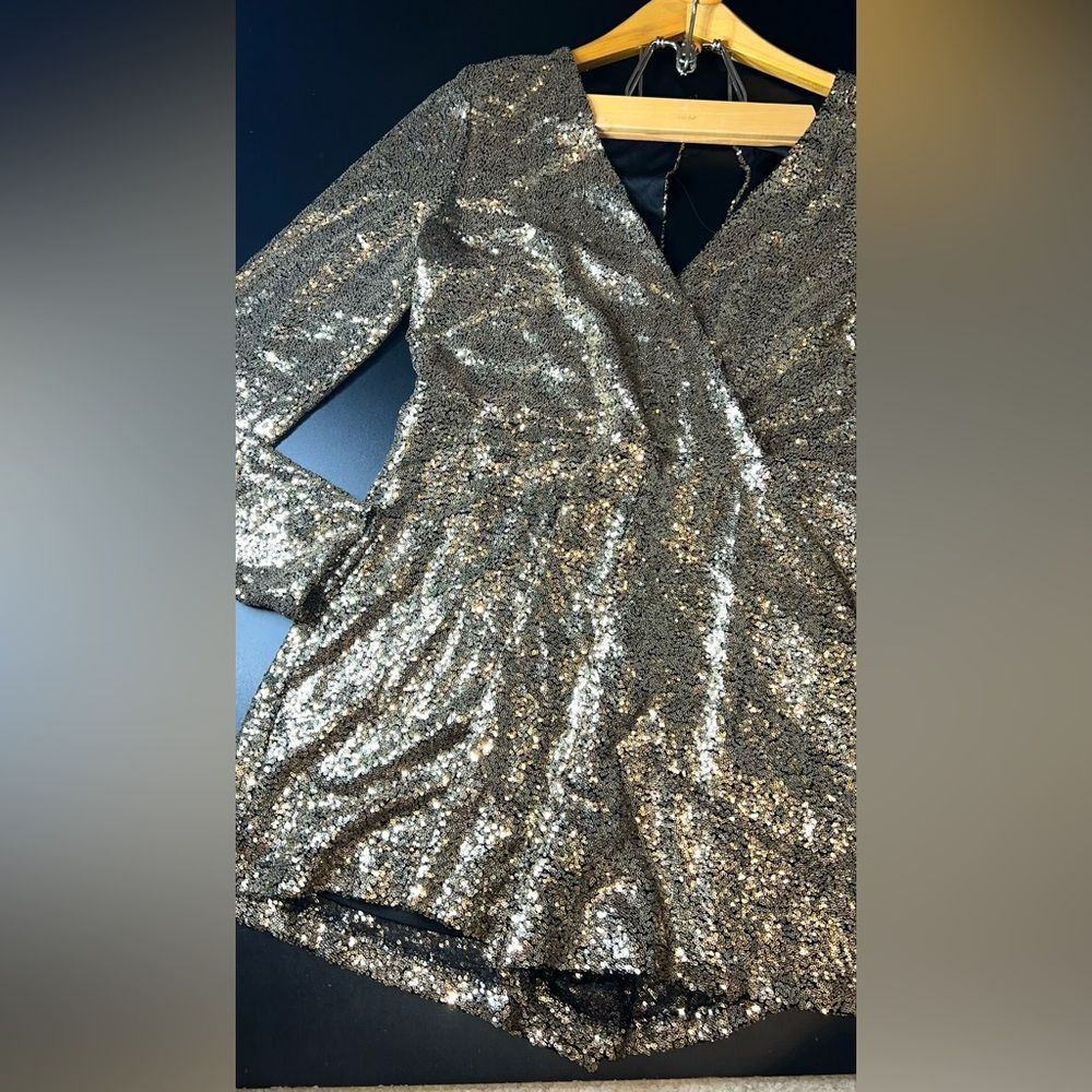 By The Way Gold Sequins Long Sleeve & Shorts V-Neck Romper Holiday Festive